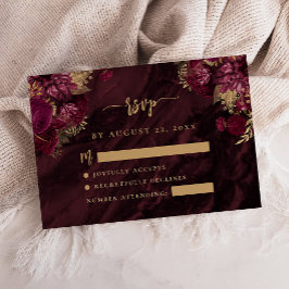 Burgundy Red Gold Floral Agate Script Wedding RSVP Begleitkarte