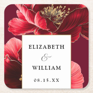 Burgundy Red Gold Floral Elegante Moderne Hochzeit Rechteckiger Pappuntersetzer