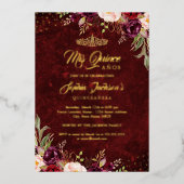 Burgundy Red Gold Floral Quinceanera Folieneinladung (Vorderseite)