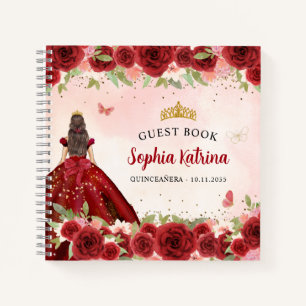 Burgundy Red Gold Floral Quinceñera Gästebuch Notizblock