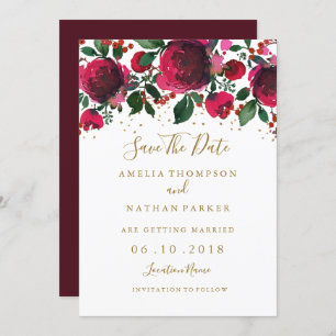 Burgundy Red Gold Floral Save the Date Einladung