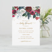 Burgundy Red Gold Floral Weihnachtsdusche Einladung (Stehend Vorderseite)