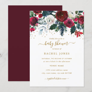 Burgundy Red Gold Floral Weihnachtsdusche Einladung