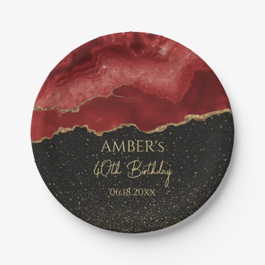 Burgundy Red Gold Glitter Abstract Watercolor Pappteller (Vorderseite)