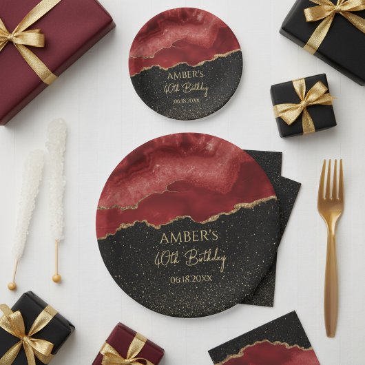 Burgundy Red Gold Glitter Abstract Watercolor Pappteller