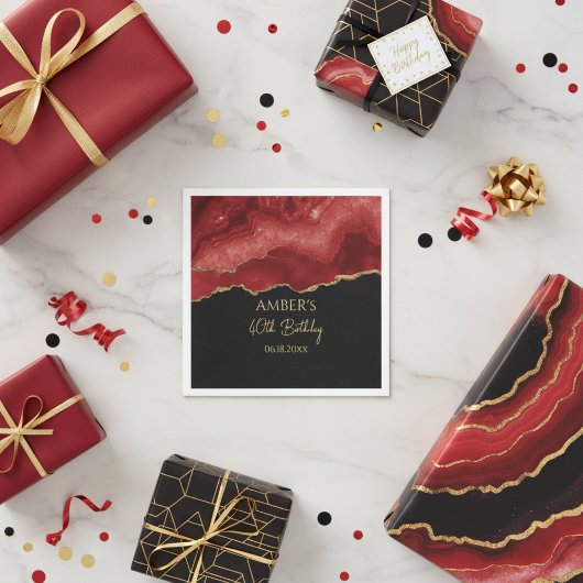 Burgundy Red Gold Glitter Abstract Watercolor Serviette