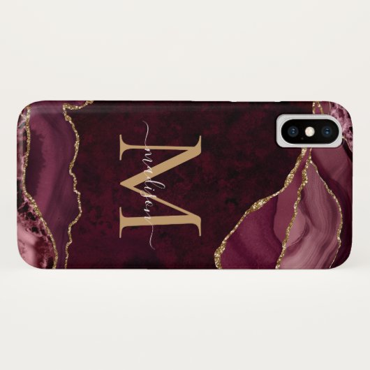 Burgundy Red Gold Glitzer Agate Gemstone Monogram Case-Mate iPhone Hülle (Rückseite (Horizontal))