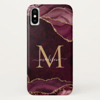 Burgundy Red Gold Glitzer Agate Gemstone Monogram