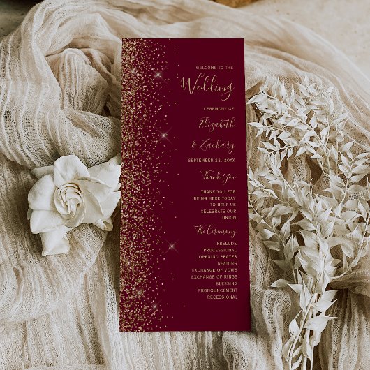 Burgundy Red Gold Glitzer Edge Wedding Program