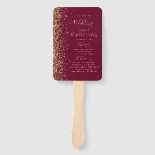 Burgundy Red Gold Glitzer Edge Wedding Program Fächer (Vorderseite)