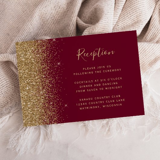 Burgundy Red Gold Glitzer Edge Wedding Reception Begleitkarte