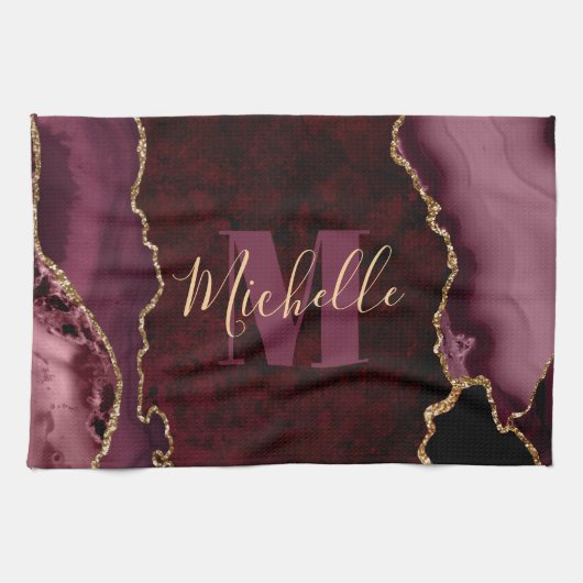 Burgundy Red & Gold Glitzer Marble Agate Monogram Geschirrtuch (Horizontal)