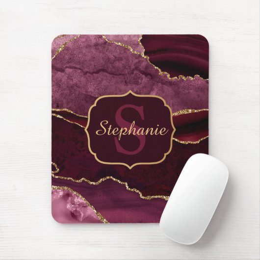Burgundy Red & Gold Glitzer Marble Agate Monogram Mousepad (Mit Mouse)
