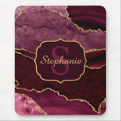 Burgundy Red & Gold Glitzer Marble Agate Monogram Mousepad (Vorne)