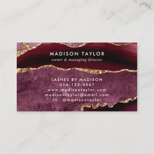 Burgundy Red Gold Glitzer Marble Agate Monogram Visitenkarte (Rückseite)