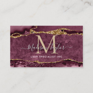 Burgundy Red Gold Glitzer Marble Agate Monogram Visitenkarte
