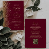 Burgundy Red Gold Glitzer QR Code Wedding Einladung