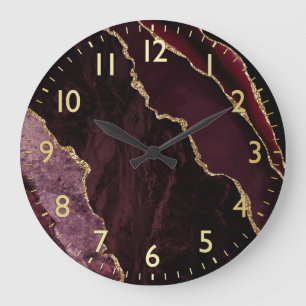 Burgundy Red & Gold Imitate Glitzer Marble Agate Große Wanduhr