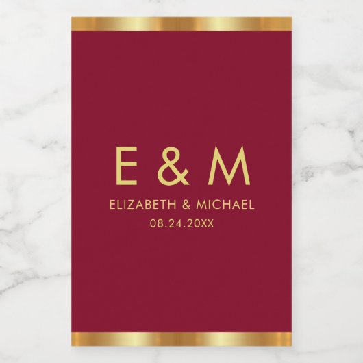 Burgundy Red Gold Monogram Text Save the Date Weinetikett (Einzelnes Label)