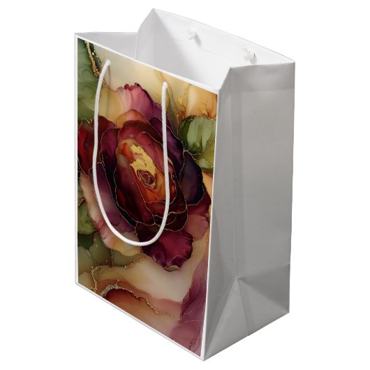 Burgundy Red Gold Rose Blumenfloral Brautparty Mittlere Geschenktüte (Rückseite Schrägansicht)