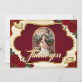 Burgundy Red & Gold Rose Quinceañera Photo Dankeskarte (Vorderseite)