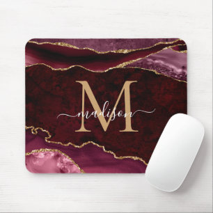 Burgundy Red Gold Sparkle Agate Geode Monogram Mousepad