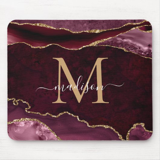Burgundy Red Gold Sparkle Agate Geode Monogram Mousepad (Vorne)
