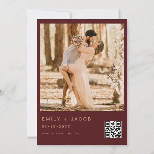 Burgundy Red Gold Wedding QR Code Foto Einladung (Rückseite)