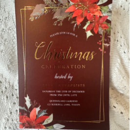 Burgundy Red Golden Frame Weihnachtszeit-Party Folieneinladung