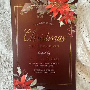 Burgundy Red Golden Frame Weihnachtszeit-Party Folieneinladung