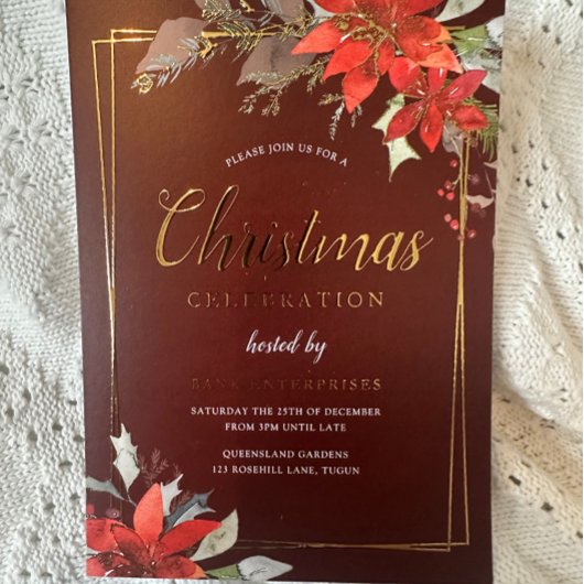 Burgundy Red Golden Frame Weihnachtszeit-Party Folieneinladung