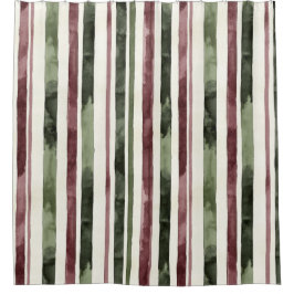 Burgundy Red Green Cream Stripes Christmas Duschvorhang