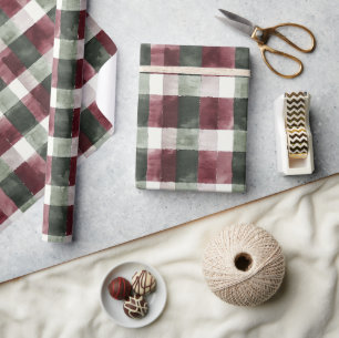 Burgundy Red Green Cream Weiße Karierte Streifen Geschenkpapier