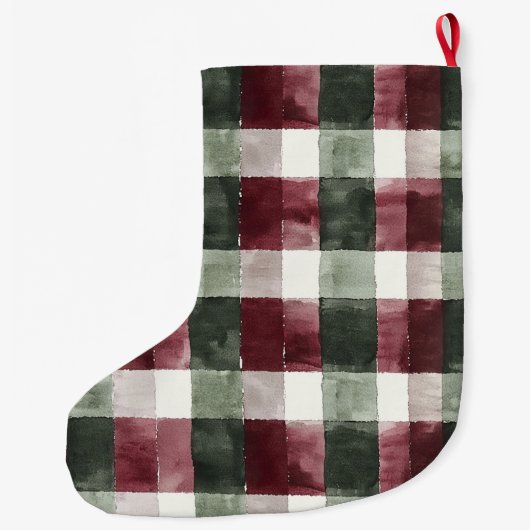 Burgundy Red Green Cream Weiße Karierte Streifen Großer Weihnachtsstrumpf (Rückseite)