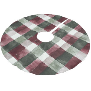 Burgundy Red Green Cream Weiße Karierte Streifen Polyester Weihnachtsbaumdecke