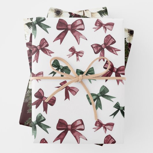 Burgundy Red Green Weihnachtsbows Geschenkpapier Set (Beispiel)