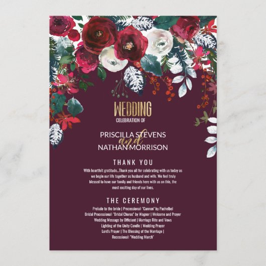 Burgundy Red Ivory Floral Arrangement Gold Wedding Programm (Vorderseite)