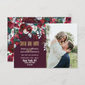 Burgundy Red Ivory Floral Arrangement Gold Wedding Save The Date (Vorne/Hinten)
