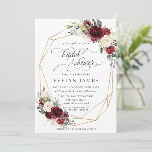 Burgundy Red Ivory Floral Brautparty Geometric Einladung (Stehend Vorderseite)