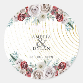Burgundy Red Ivory Floral Gold Coral Hochzeit Runder Aufkleber