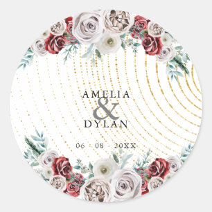 Burgundy Red Ivory Floral Gold Coral Hochzeit Runder Aufkleber