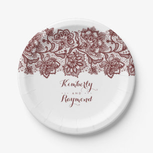 Burgundy Red Lace Elegante Wedding Pappteller