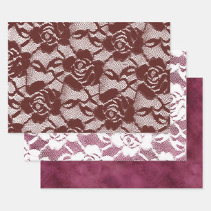 Burgundy Red Lace Floral Geschenkpapier Set