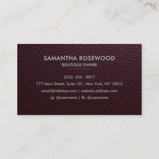 Burgundy Red Leather & Rose Gold Business Card Visitenkarte (Rückseite)