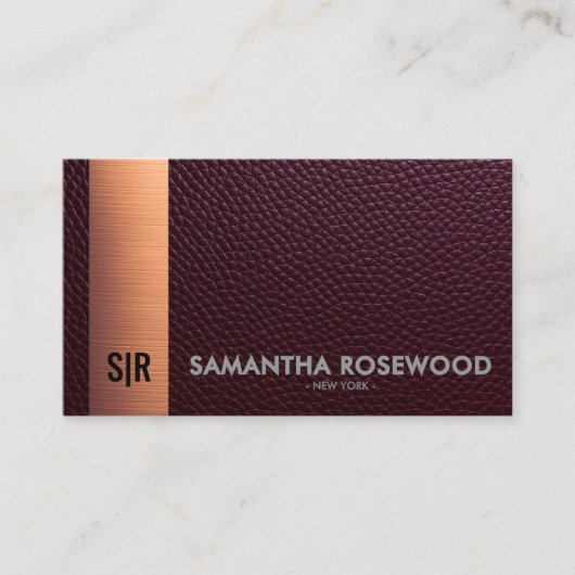 Burgundy Red Leather & Rose Gold Business Card Visitenkarte (Vorderseite)
