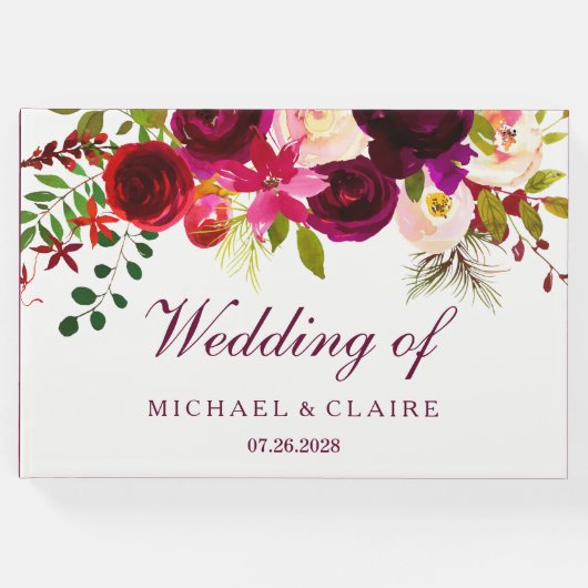 Burgundy Red Lila Floral Boho Wedding Gästebuch (Vorderseite)