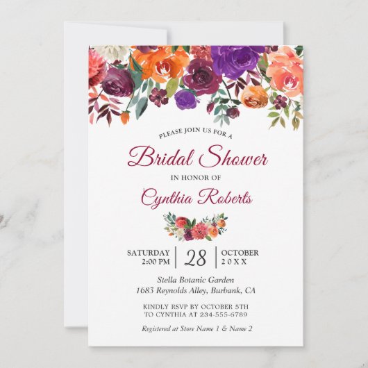 Burgundy Red Lila Orange Floral Brautparty Einladung (Vorderseite)