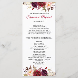 Burgundy Red Marsa Floral Rustic Boho Programmkart Programm