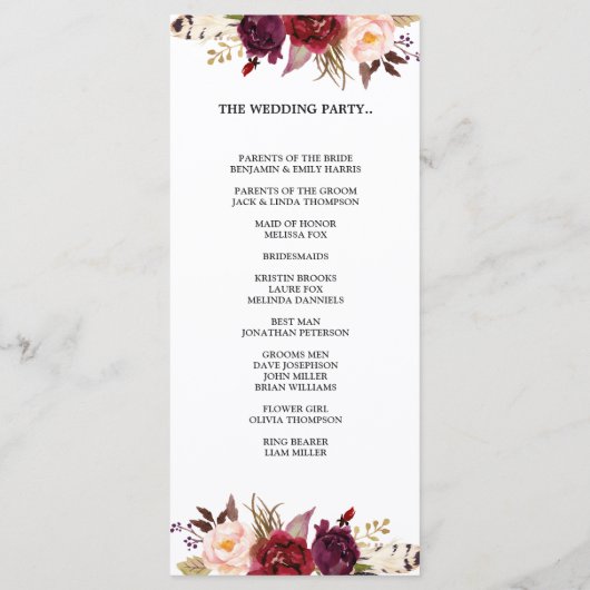 Burgundy Red Marsa Floral Rustic Boho Programmkart Programm (Rückseite)