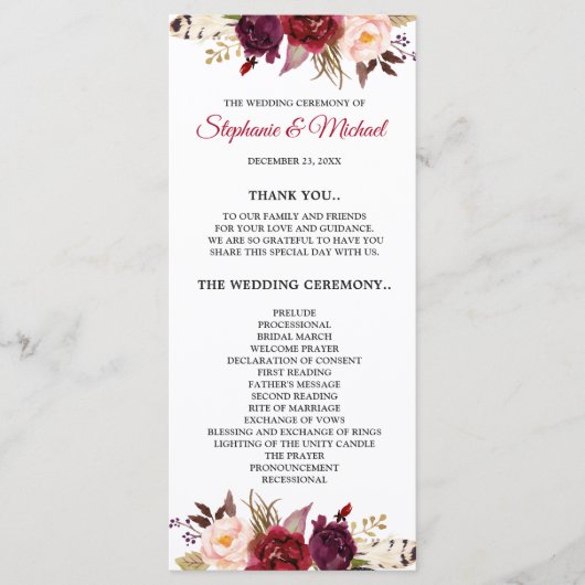 Burgundy Red Marsa Floral Rustic Boho Programmkart Programm (Vorderseite)